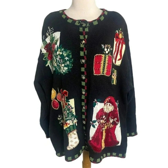 Stitches in Time Vintage 1X black Ornate Christmas knit cardigan‎ sweater - Picture 1 of 9